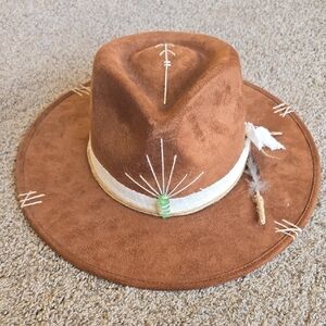 Brown Suede Western Hat with Feather